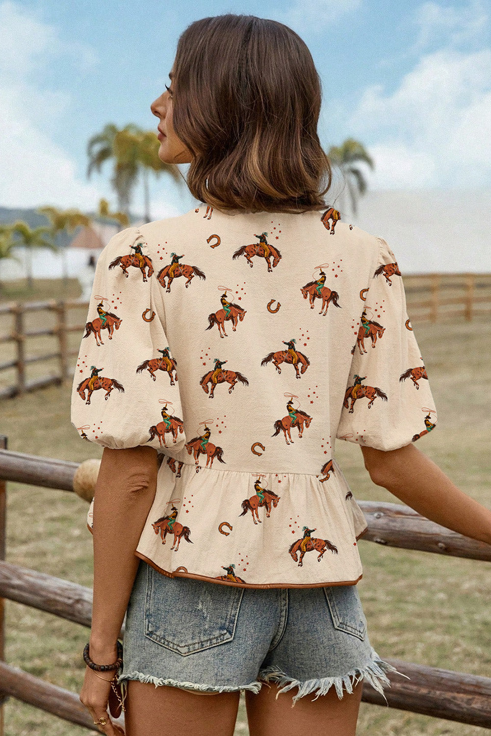 Cowboy Print Front Tie Blouse - authentic country clothing from Working Bull