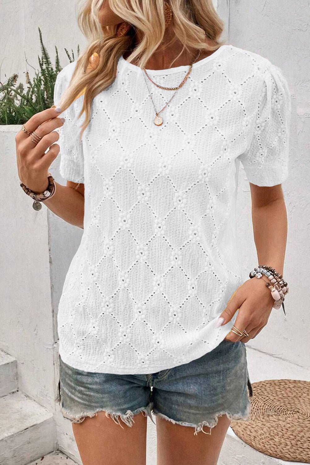 White Embroidered Floral Geometric Button Short Sleeve Top - authentic country fashion from Working Bull