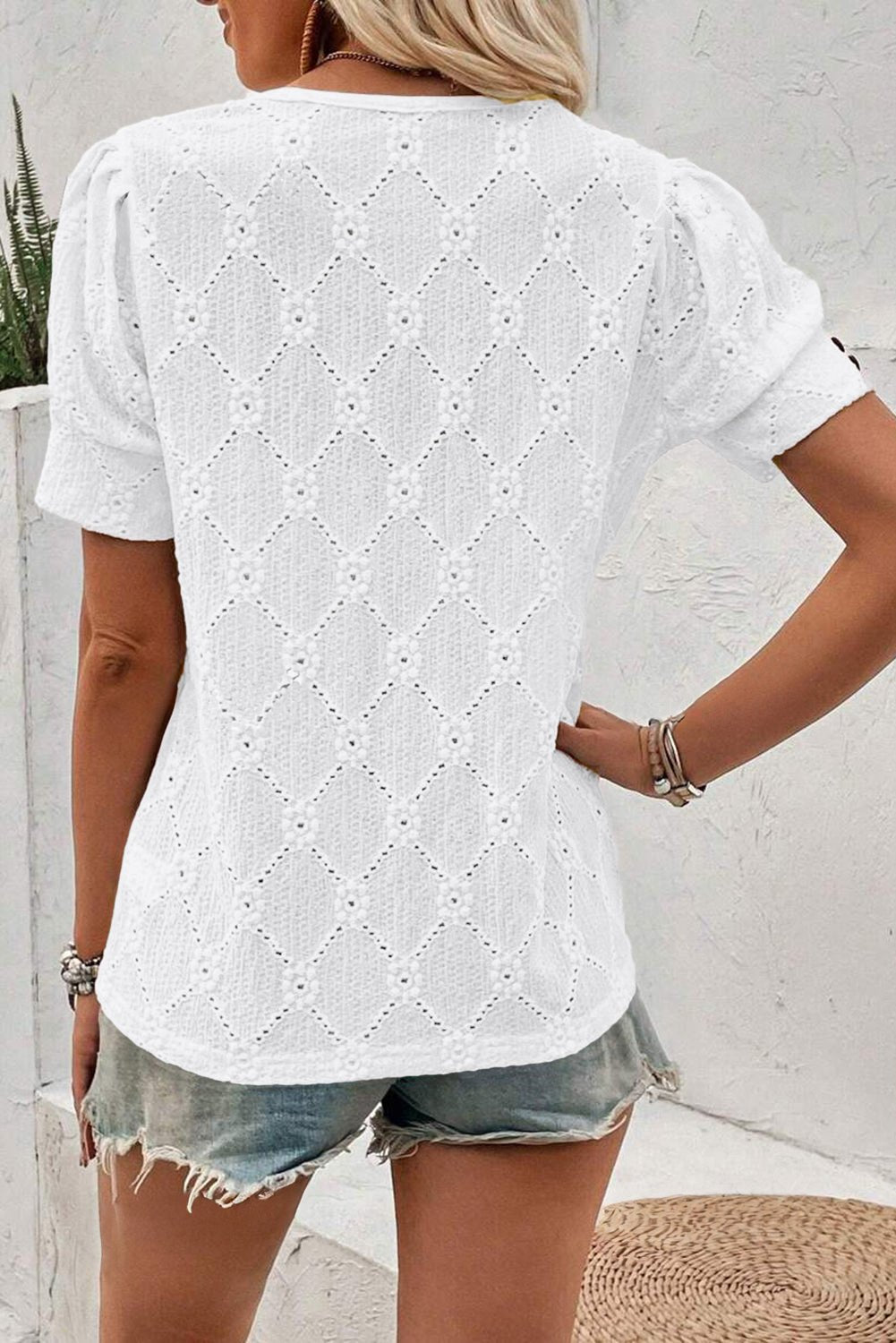 White Embroidered Floral Geometric Button Short Sleeve Top - authentic country fashion from Working Bull